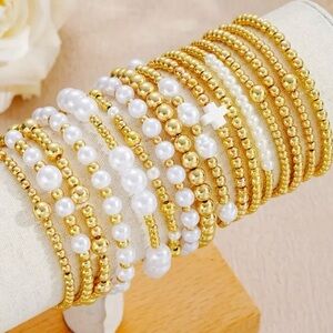 🌟16 Elegant Gold and White Beaded Bracelet Set with cross ( compare to e newton)